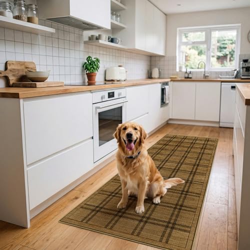 Jute 3x6 Kitchen Plaid Rug: Washable Non Slip Hallway Rugs with Rubber Backing Pet-Friendly Carpets Stain Resistant Runners for Laundry Entryway Bedroom Decor Brown - color: Brown Plaid, size: 3' x 6' (Rectangular)