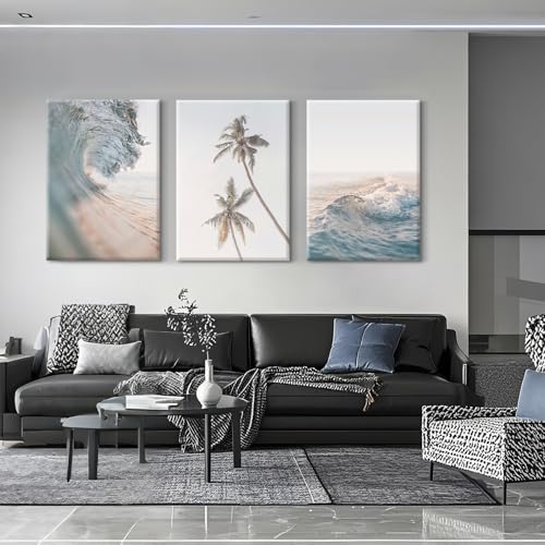 Beach Wall Art Pictures Coastal Canvas Wall Decor Ocean Waves Poster Blue Beach Scene Artwork Palm Tree Art Coastal Landscape Prints for Living Room Bedroom 12x16 Inch Wrapped Canvas Set of 3 - color: Waves Art Prints, size: 12x16 Inch Wrapped Canvas