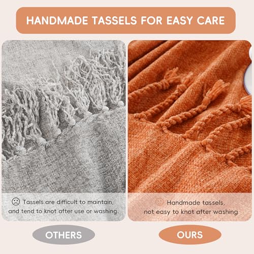 BATTILO HOME Burnt Orange Chenille Throw Blanket for Couch, Soft Cozy Knitted Fall Throw with Tassels, Lightweight Throw Blanket for Fall Decor Bed Sofa Living Room, 50"x60" - color: Orange