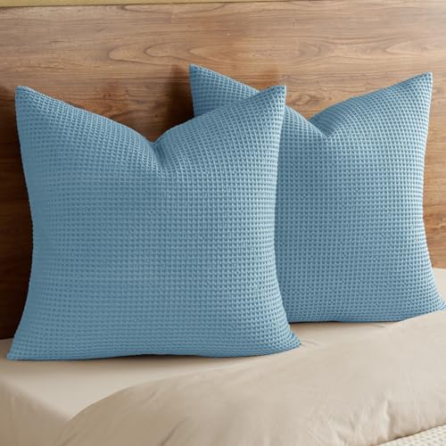 PHF 100% Cotton Waffle Weave Throw Pillow Cover, 22" x 22", No Filling, 2 Pack Elegant Home Decorative Square Throw Pillow Covers for Bed Couch Sofa, Dusty Blue - color: Dusty Blue, size: 22" x 22" (Pack of 2)