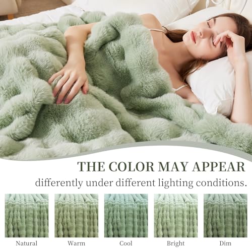 Faux Rabbit Fur Throw Blanket for Couch, Fluffy Warm Plush Thick Bubble Blanket for Bed Sofa Living Room, Soft Cozy Furry Blanket, 60x80 inches, Sage Green - color: Sage Green, size: Twin60"x80"