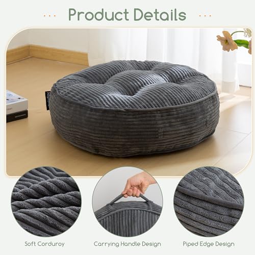 HIGOGOGO 6" Extra Thick Floor Pillow Cushion for Adults, Meditation Cushion Pillow, Large Round Floor Sitting, Tufted Corduroy Cover, for Tatami Living Room or Yoga, 22x22 Inch, 2Pack, Dark Grey - color: Round Dark Grey, size: 6" Thick(Pack of 2)