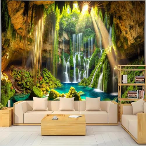 FENDROM Waterfall Tapestry Tropical Forest Mountain Sunset Cave Stone Wall Hanging Scenic Rainforest Landscape Nature Sunrise Headboard for Bedroom Living Room Home Decor - color: Cave, size: 59"L x 39"W