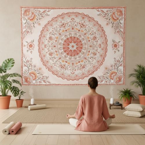 Motanber Pink Mandala Tapestry Wall Hanging Boho Floral Tapestry Aesthetic Watercolor Flower Medallion Cute Large Tapestries for Bedroom Living Room Dorm Decor 80 x 60 Inch - color: Peach Pink, size: 80"L x 60"W