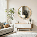 Circle Wood Mirrors for Wall, Wavy Round Bathroom Scalloped Mirror Wooden Frame 24 Inch for Living Room Farmhouse Bedroom Hallway Entryway Living Room with Shatterproof Glass Wall Mounted - size: 24"L x 24"W