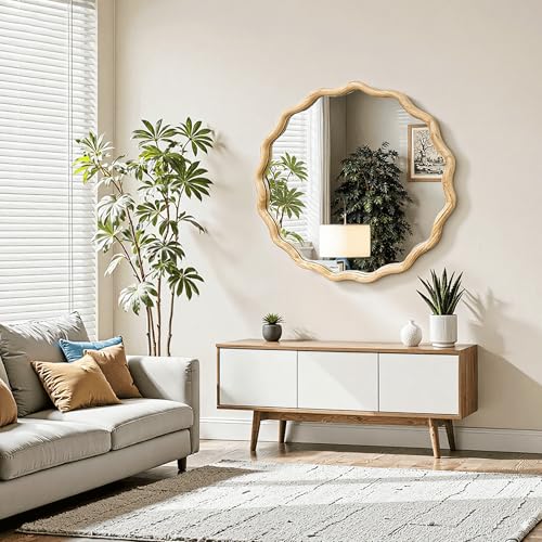 Circle Wood Mirrors for Wall, Wavy Round Bathroom Scalloped Mirror Wooden Frame 24 Inch for Living Room Farmhouse Bedroom Hallway Entryway Living Room with Shatterproof Glass Wall Mounted - size: 24"L x 24"W