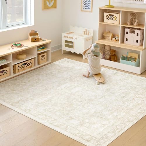5x7 Area Rugs for Living Room: Washable Vintage Floral Rug Low Pile Non-Slip Boho Carpet for Bedroom Nursery Dining Room (Beige, 5'x7') - color: Beige, size: 5' x 7' (Rectangular)