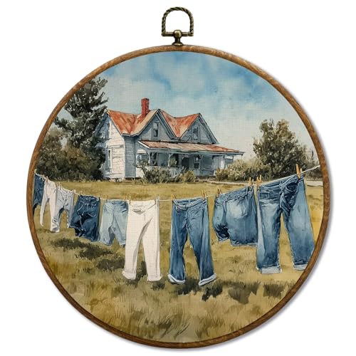 JUIOEIU Vintage Rustic Farmhouse Round Wall Decor, Country Laundry Day Framed Canvas Prints, Retro Cottagecore Landscape Wall Art Hanging Decorations for Washroom Bathroom Laundry Room Decor, 10x10in - color: Laundry room04