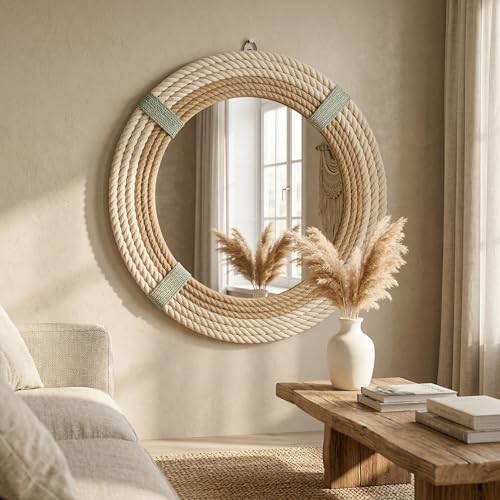 12" Inch Round Rustic Farmhouse Boho Shabby Chic Wall Hanging Mirror with Natural Jute Rope Decor Accent for Entryway, Bedroom, or Living Room (Color 2) - color: Color 2