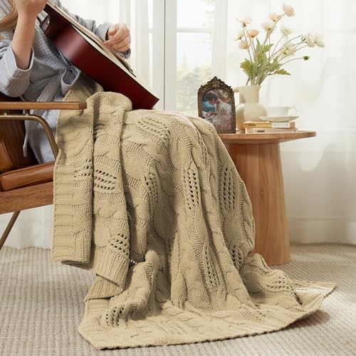 Amélie Home Chunky Knit Throw Blanket, Dual-Sided Soft Chenille Breathable Cable Knitted Blanket for Couch, Farmhouse Decorative Throw for Sofa & Chair, 50"x60", Beige - color: Beige, size: Cable Knit 50"x60"