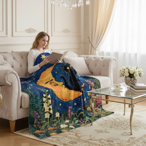 Neasow Black Cat Moon Throw Blanket, Whimsical Colorful Floral Starry Night Wildflower Garden Flannel Blanket, Super Soft for Couch Dorm Sofa Room, Unique Gift for Cat Lovers, 50×60 inch - color: Cat on Moon, size: 60"L x 50"W
