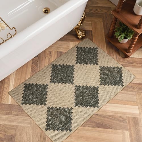 Bavni Checkered Easy Jute Rug,2x3 Door Mat Machine Washable Non Slip Woven Plaid Small Rug, Geometric Diamond Non Shedding Modern Farmhouse Carpet for Entryway, Bathroom, Kitchen, Laundry Room - color: Checkered-3, size: 2X3