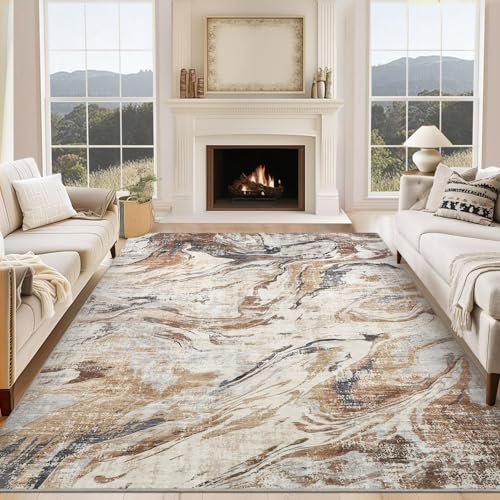 9x12 Abstract Oriental Style Area Rug, Elegant Vintage Thin Carpet, Delicate Decorative Design, Sophisticated and Beautiful for Living Room, Bedroom, Entryway, Office - Brown - color: Brown, size: 9' x 12' (Rectangular)