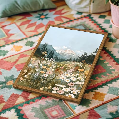 Framed Boho Landscape Wall Art, Colorful Floral Mountain Pictures Wall Decor, Vintage Wildflower Nature Paintings Canvas Prints Rustic Home Decor for Living Room Bedroom Office 12x16 inch - color: Boho Landscape, size: 16"L x 12"W
