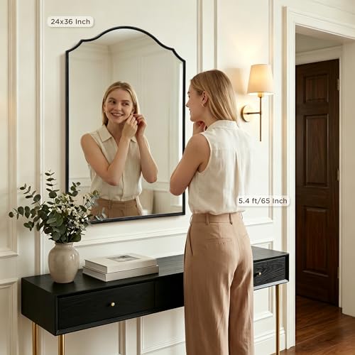Besdomus Scalloped Black Mirror for Bathroom: 24"x36" Minimalist Modern Arched Mirror - Wooden Frame Wall for Vanity/Bedroom/Mantle/Entryway/Fireplace/Hallway - Idea for Housewife - color: Black, size: 36"L x 24"W