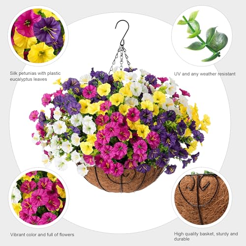 2 Set Artificial Fake Hanging Flowers Plants Baskets for Outdoors Spring Outside Decor , UV Resistant 24 Pcs Faux Silk Morning Glory with 2 Outdoor Hanging Planters Look Real for Porch Patio Balcony - color: 4 Multi