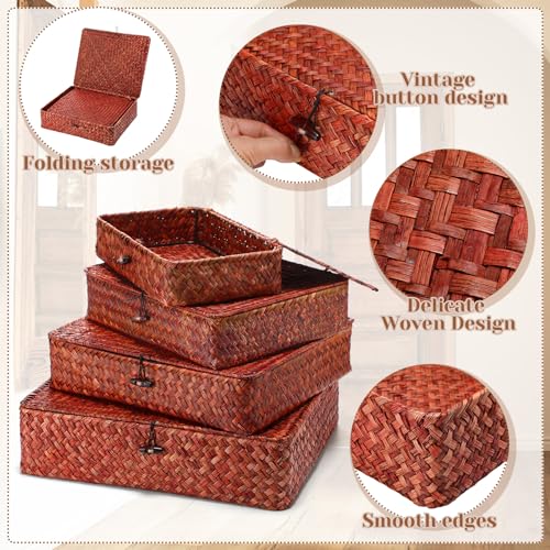 Didaey Set of 4 Seagrass Basket with Lid Wicker Storage Basket Decorative Storage Boxes with Lids Flat Storage Bins Woven Organizer Baskets for Shelf Closet Bedroom, 4 Sizes (Retro Red) - color: Retro Red