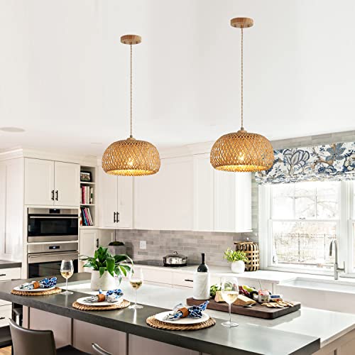 Bamboo Pendant Light Fixture One-Light Adjustable Boho Basket Handmade Woven Pendant Lighting for Kitchen Island Sink Farmhouse Dining Room - color: Natural-3
