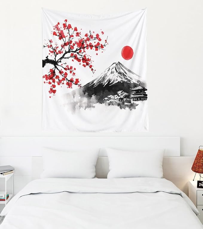 EMMTEEY Mountain Tapestry Wall Art Vertical 50X60 Inch-Ink Red Flowers and Fuji Mountain Durable Hanging Tapestry for Living Room