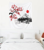 EMMTEEY Mountain Tapestry Wall Art Vertical 50X60 Inch-Ink Red Flowers and Fuji Mountain Durable Hanging Tapestry for Living Room