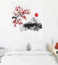 EMMTEEY Mountain Tapestry Wall Art Vertical 50X60 Inch-Ink Red Flowers and Fuji Mountain Durable Hanging Tapestry for Living Room