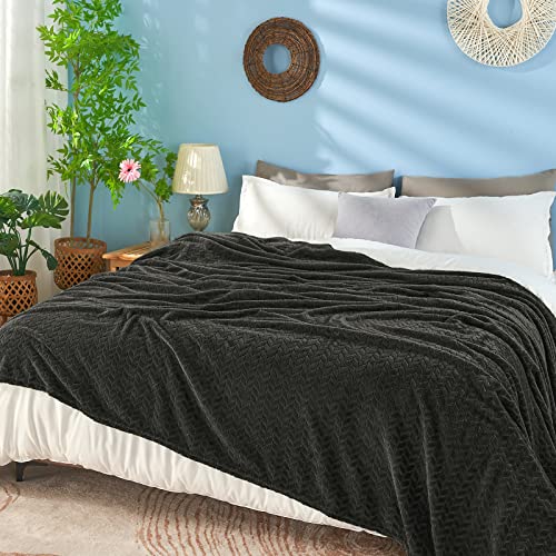 inhand Black Fleece Twin Blanket, Super Soft Flannel Cozy Blankets for Adults, Lightweight Leaves Pattern Fuzzy Blanket for Couch Sofa Bed Office, Warm Plush Blankets for All Season, 60x90 Inches - color: Carbon Black, size: Twin/Twin XL-60x90 IN