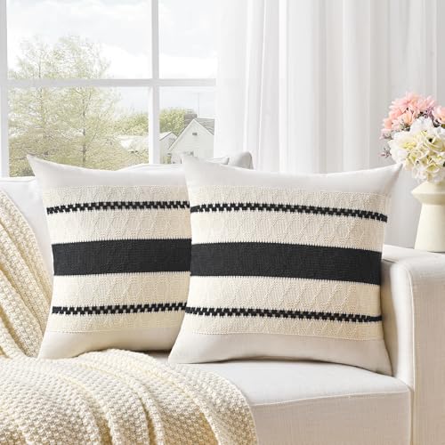 Fancy Homi Set of 1 Boho Black Decorative Throw Pillow Cover 16x16 Inch for Couch Bed Sofa, Aesthetic Modern Organic Farmhouse Home Decor, Soft Cotton Cute Accent Macrame Woven Cushion Case - color: Black, size: 16" x 16" (Pack of 1)