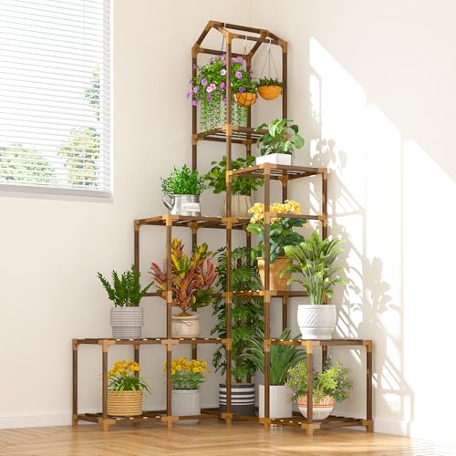 EnHomee 64.2" Corner Plant Stand Indoor Tall Plant Shelf for 13-19 Pots Tiered Plant Stands for Outdoor, Multiple Plants Tiered Wood Shelf for Living Room, Balcony, Patio