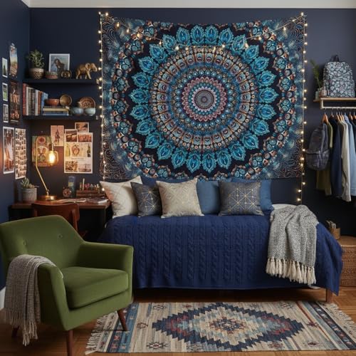 Motanber Blue Mandala Tapestry Wall Hanging Vintage Medallion Tapestry Aesthetic Hippie Boho Floral Cool Cute Small Tapestries for Bedroom Living Room Dorm Decor 48 x 36 Inch - color: Navy Blue, size: 48"L x 36"W