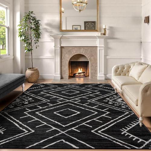 LIVEBOX Moroccan 8x10 Area Rug, Black Washable Rugs for Living Room Bedroom, Non Slip Western Tribal Rug Low Pile Geometric Large Area Rugs Diamond Carpet for Dining Room Home Office Decor Playroom - color: Black, size: 8‘ x 10'