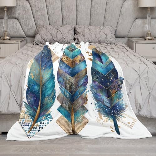 Blanket Bohemian Feather Leaf Throw Blanket for Women Men, 60"x80" Vintage Gold Geometry Plush Flannel Throws, Decor for Bed Couch Bedroom - color: Bohemian Feather Leaf, size: 60"x80"