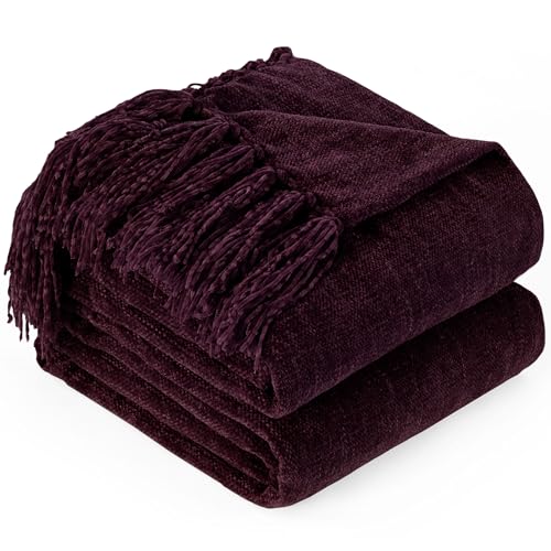 Chenille Throw Blanket for Couch with Tassels,50"X60" Soft Cozy Lightweight Knitted Boho Decorative Blankets for Bed and Sofa,Aubergine - color: Aubergine, size: 50"x60"
