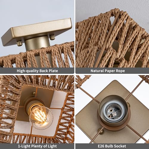Rpzloila Rattan Ceiling Light, Gold Boho Light Fixture, Square Flush Mount Ceiling Light for Bedroom, Hallway, Entryway, Kitchen, Cabinet - color: Gold, size: 1-Light-Square