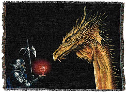 Pure Country Weavers Gold Dragon with Knight Blanket by Ciruelo - Gift Fantasy Tapestry Throw Woven from Cotton - Made in the USA (72x54) - color: Gold Dragon