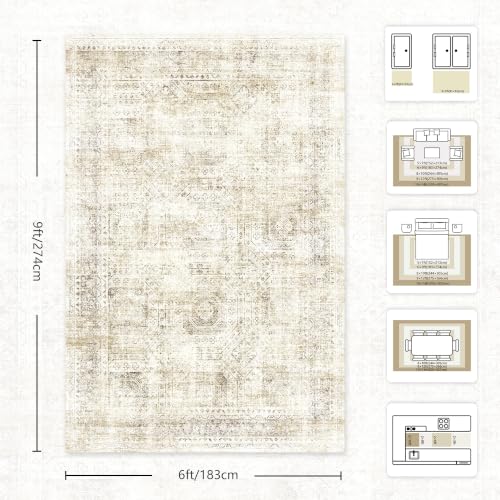 6x9 Area Rugs, Washable Vintage Retro Floral Rug for Living Room, Low Pile Non Slip Distressed Large Carpet for Bedroom, Dining Room, Office, Home (Beige) - color: I-beige, size: 6' x 9' (Rectangular)