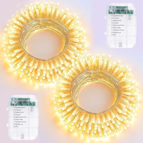 Pooqla 2 Pack String Lights Battery Operated, Total 66.6ft 200 LED Fairy Lights Indoor Outdoor Decorations, 8 Modes Warm White Battery Christmas Lights for Bedroom Classroom Porch Party Yard Decor - color: Warm White, size: 100 LED x2