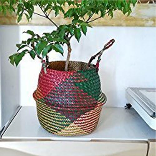 Natural Seagrass Basket - BESTCHANCEUS Seagrass Belly Basket with Handles Handmade Foldable Tote for Storage,Laundry, Picnic, Plant Pot Cover, and Beach Bag Colorful 29x26CM