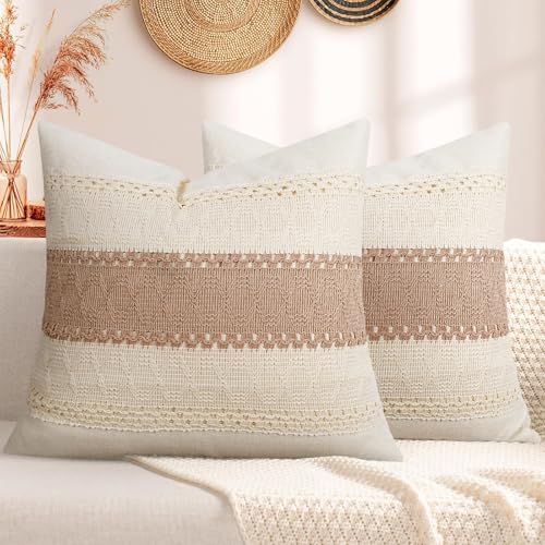 Pyonic Pack of 2 Boho Throw Pillow Covers 18x18 Inch Farmhouse Decorative Throw Pillows for Bed Sofa Living Room,Gray Modern Cushion Cover Couch Pillows Cover Home Decor - color: Beige+gray