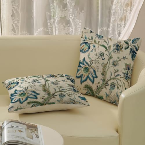 Sage Green Blue Pillow Covers 16x16 Inch 2 Pcs Spring Chinoiserie Floral Decor Throw Pillows Boho Vintage Flower Seasonal Outdoor Decoration Pillowcase Linen Cushion Cover for Couch Sofa Bed - color: Sage Green Blue Floral, size: 16" x 16" (Pack of 2)