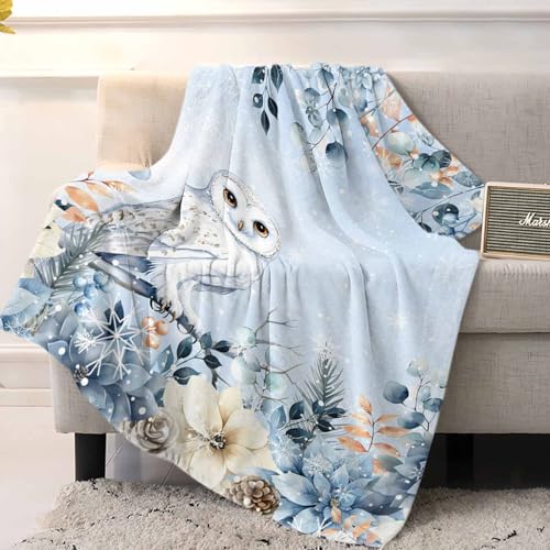 Blue Christmas Throw Blankets, Winter Snowy Owl Poinsettia Eucalyptus Leaves Soft Fleece Blanket Decorative for Home Sofa Couch Chair Living Bedroom,40x50 Inches, - color: Christmas-lxm13105, size: 40x50 Inch