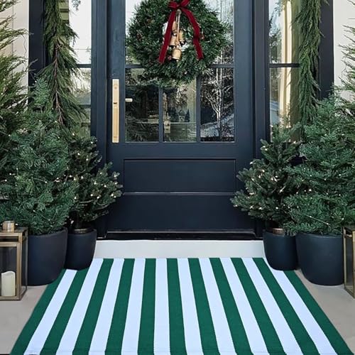 Green and White Striped Outdoor Rug St. Patrick's Day Rug 27.5'' x 43'' Spring Doormat Layered Welcome Mat for Farmhouse Easter Spring Front Porch Entryway Decor - color: Green and White, size: 2'4" x 3'7" (Rectangular)