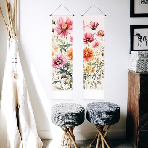 PLIGREAT 2 Pack Colorful Watercolor Flowers Tapestry Vertical Wall Hanging with Tassels Vintage Wildflower Aesthetic Wall Tapestry for Bedroom Living Room Dormitory Backdrop Home Art Decor - color: pink,orange
