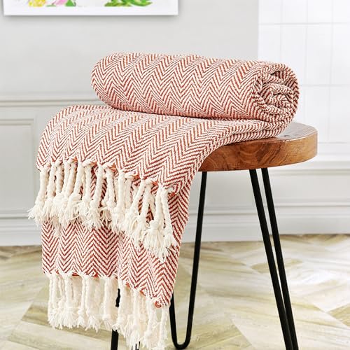 Herringbone Knitted Two Tone Throw Blankets with Braided Tassel Fringe, Boho Farmhouse Lightweight Turkish Throw Blanket for Couch Bed Sofa, Picnic, Yoga, Outdoor Blanket, 50 x 60 Inch, Rust Orange - color: Rust Orange