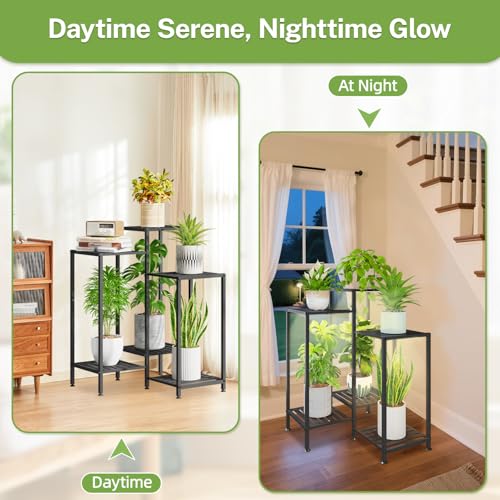 iDavosic.ly Indoor Plant Stand with Grow Light, Metal 6 Tier Corner Flower Holder Shelf Outdoor for Large Pots, Tall Rack for Patio Porch Balcony Living Room, Black - color: Black with Light, size: 6 Tiers