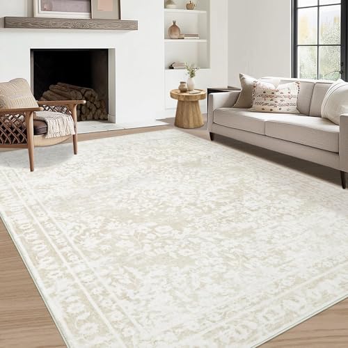 Aoyaomi Vintage Living Room Area Rug - 5x7 Large Machine Washable Boho Area Rug Distressed Floral Rugs for Bedroom, Soft Non-Slip Indoor Floor Accent Rugs for Office Dining Room (Cream Beige, 5'x7') - color: Cream Beige, size: 5' X 7' (Rectangular)
