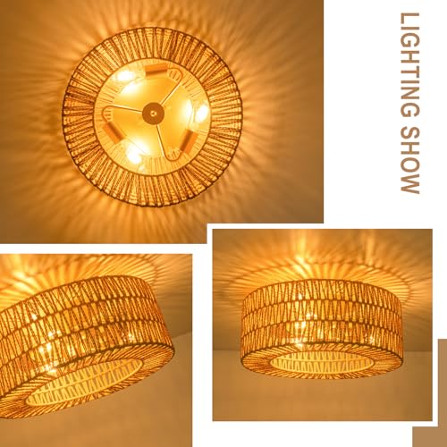 SineRise Flush Mount Ceiling Light (18-Inch, LED Bulb Included), Hand-Woven Boho Rattan Ceiling Light Fixture, 3-Light Rattan Chandelier for Hallway Kitchen Farmhouse Foyer Entryway Living Room(Gold) - color: Gold, size: Large