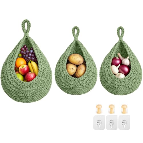 Halidali Hanging Fruit Baskets for Kitchen, 3 Pack Boho Cotton Rope Handwoven Vegetable Storage Wall Mounted Large Organizing Basket for Farmhouse Decor, Onion, Potato, Garlic and Plants (Green) - color: Green