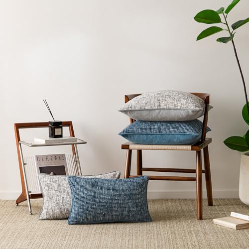 a moment Blue Reversible Pillow Covers 2 Pack - Farmhouse Chenille Throw Pillows, Neutral Textured Decorative Throw Pillow Covers with Border for Couch Sofa Bed (12x20 Inch, No Insert) - color: Blue, size: 20" x 12" (Pack of 2)