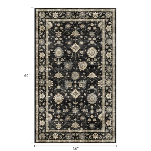 LUXRUG 3x5 Washable Area Rug - Small Entryway Rug Non-Slip Charcoal Black Vintage Traditional Floral Kitchen Rugs Low Pile Boho Entry Carpet Throw Rugs for Living Room Bedroom Bathroom Entrance Office - color: Charcoal Black, size: 3' x 5' (Rectangular)