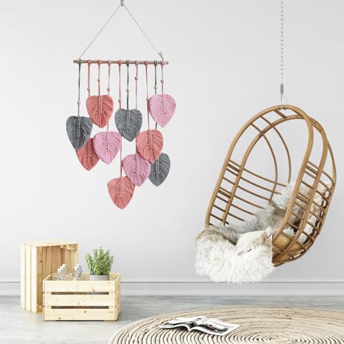 LB Macrame Wall Hanging Decor, Boho Chic Feather Wall Decor Macrame Photo Wall Hanging Handmade Yarn Woven Wall Art Pink Leaf Tapestry for Bedroom Living Room Nursery Office Backdrop, 16x35 Inch - color: Pink